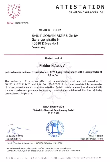 Zertifikat zur raumluftreinigenden Wirkung der Rigidur H Activ’Air Gipsfaserplatten