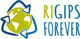 Nachhaltigkeit Logo Grüne Welt mit Recycling-Symbol und Schriftzug "Rigips Forever"