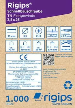 Rückseite einer Verpackung "Schnellbauschraube"
