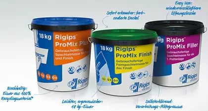 Spachtelmasse Nachhaltigkeitsklasse ProMix Drei Eimer mit verschiedenen ProMix Produkten