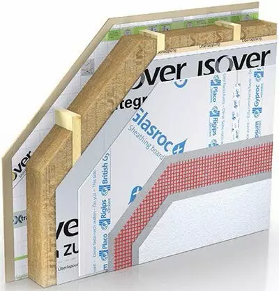 Außenwände Beispiel in Anwendung Variante 1 GlasrocX in der Anwendung, das innenleben der Wand wird präsentiert
