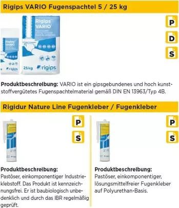 Tabelle Rigidur Estrichkleber, Fugenkleber und Rigips Vario Tabelle Rigidur Estrichkleber, Fugenkleber und Rigips Vario